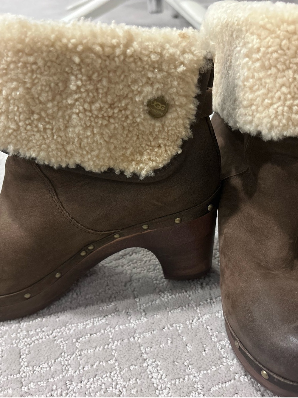 UGG Brown Suede Shearling Cuff Heeled Clog Boots
